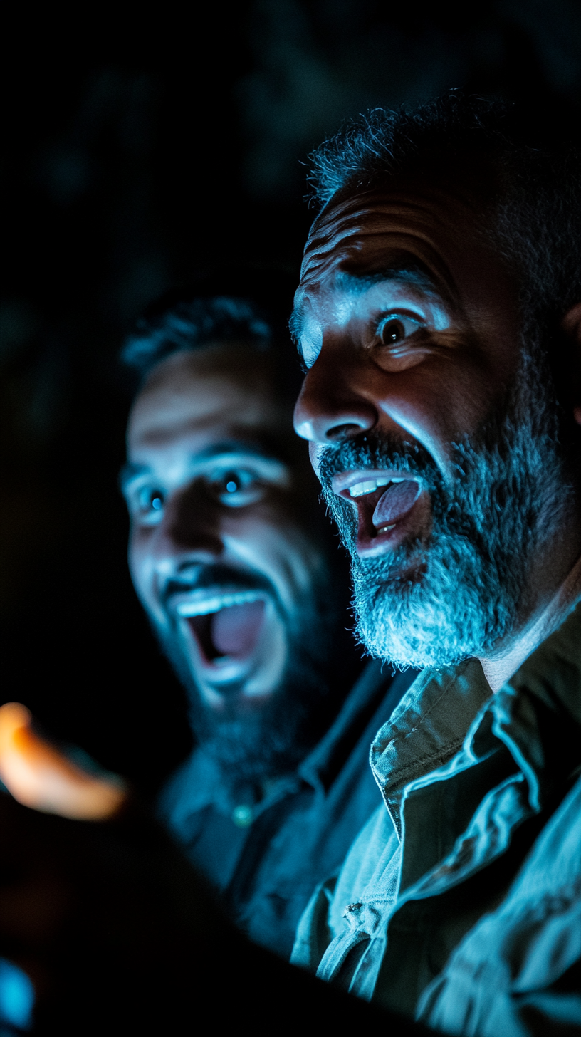 Men happily surprised by phone light.