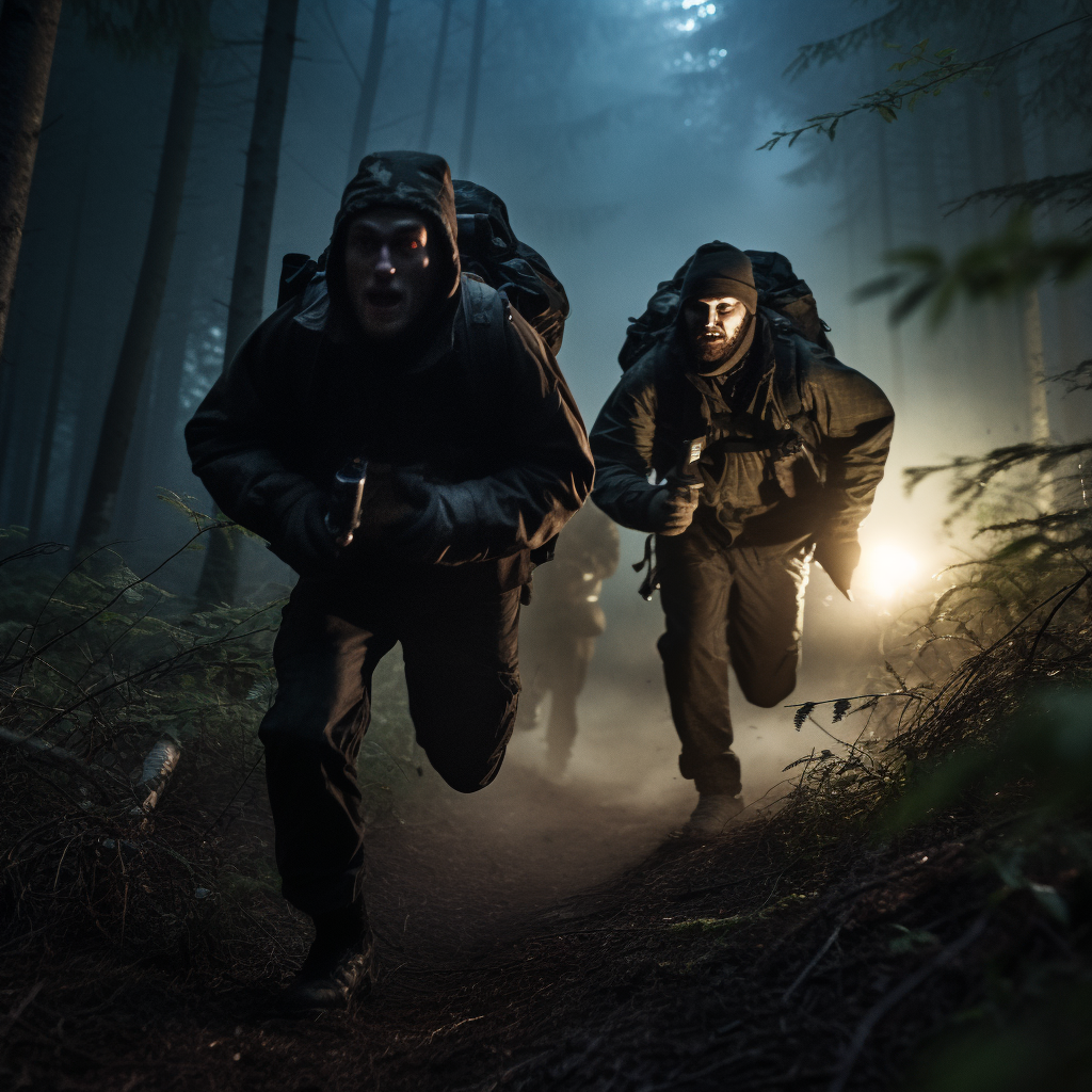 Men in black coats with rifles running in forest.