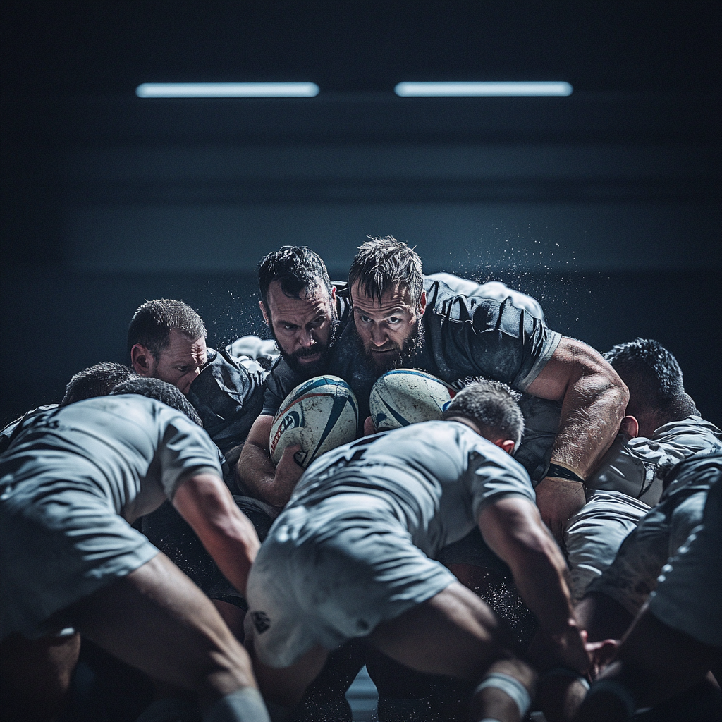 Men in industrial attire scrum in modern office environment.