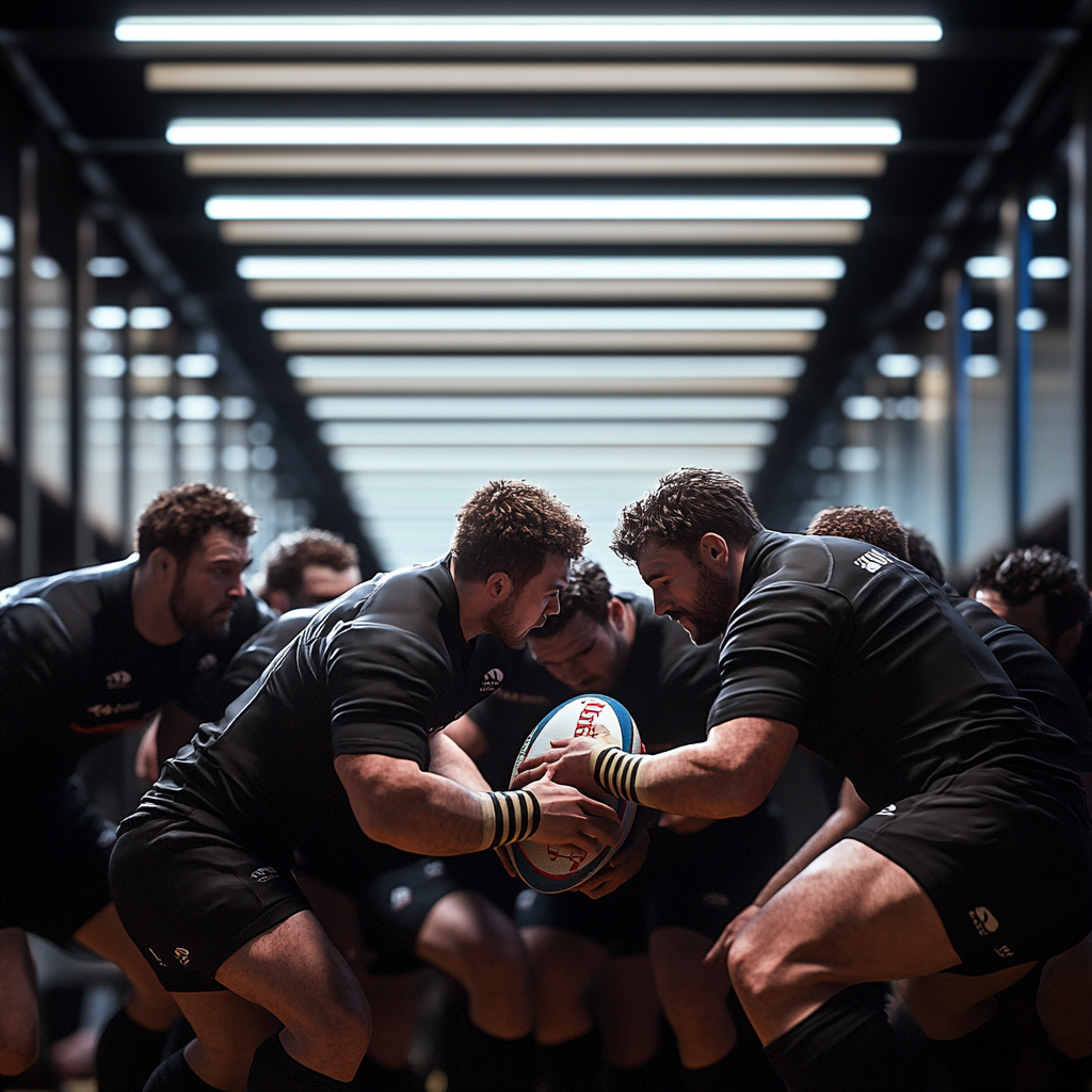 Men in rugged, machine-inspired workwear participate in an office scrum.