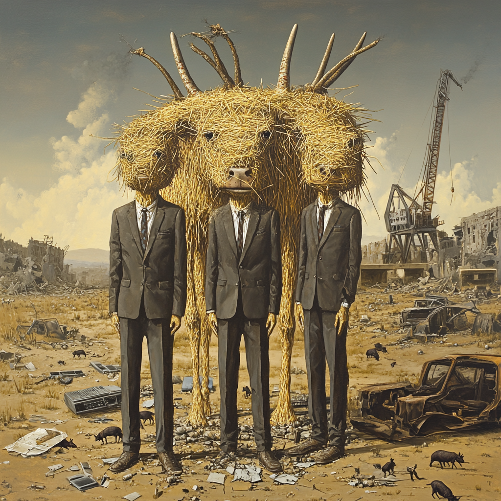 Men in suits with twig heads worship golden calf.