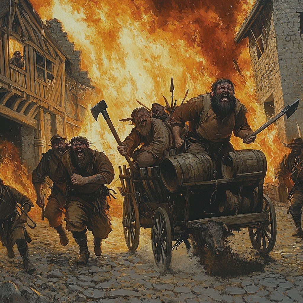 Men with donkey cart rush to save burning building.