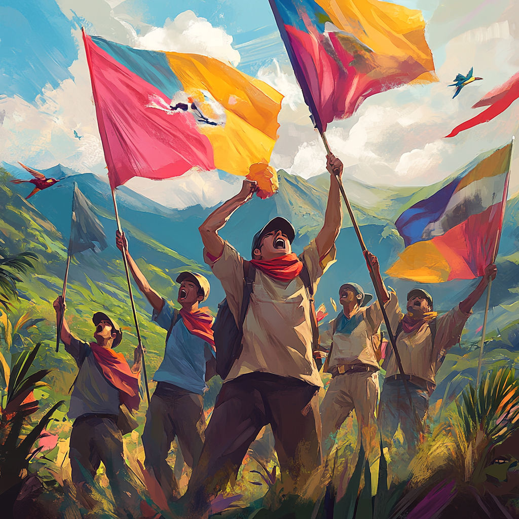 Men with flags shout for freedom in Colombia landscape.