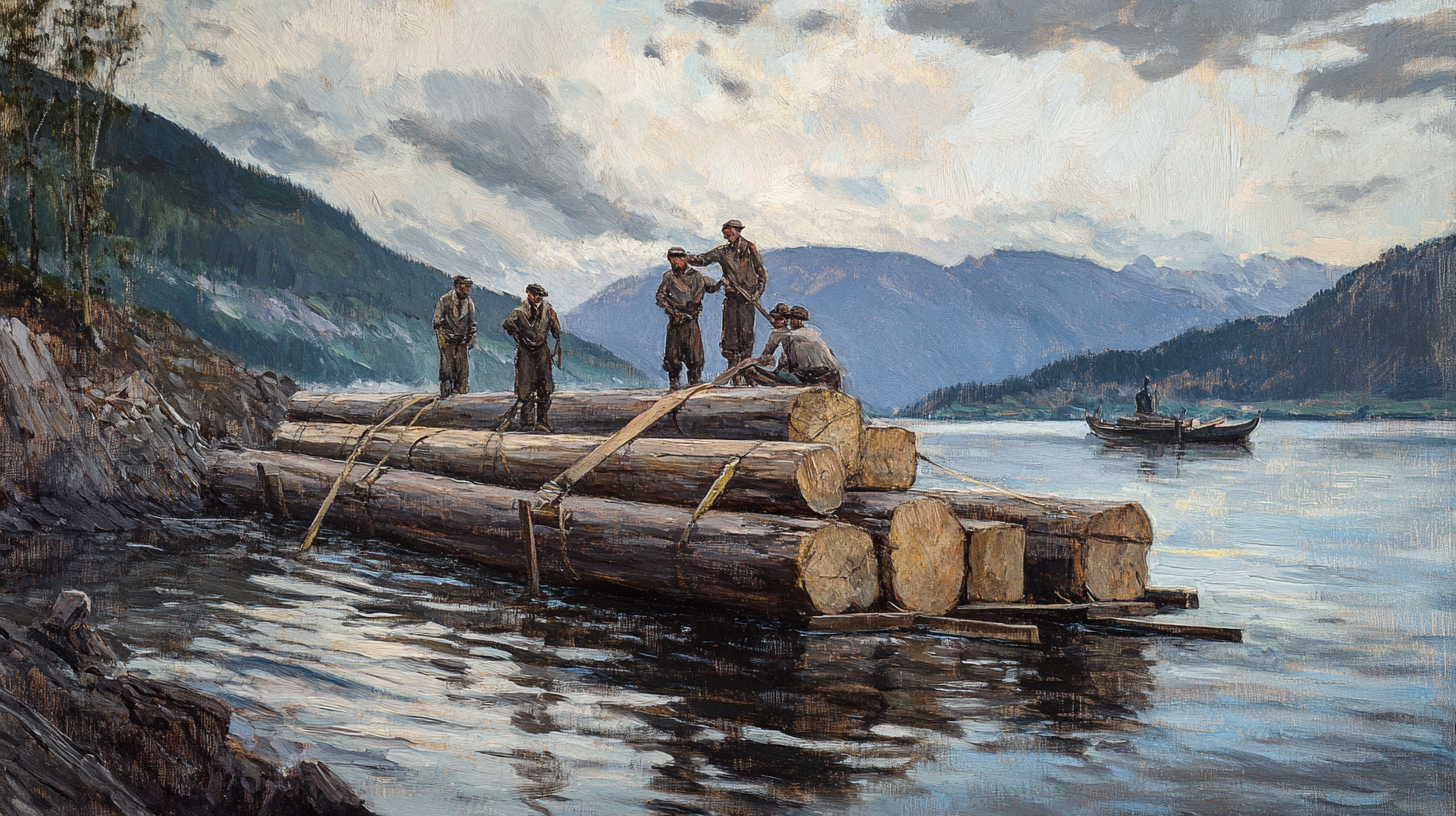 Men working near river, 1800s Norwegian style painting