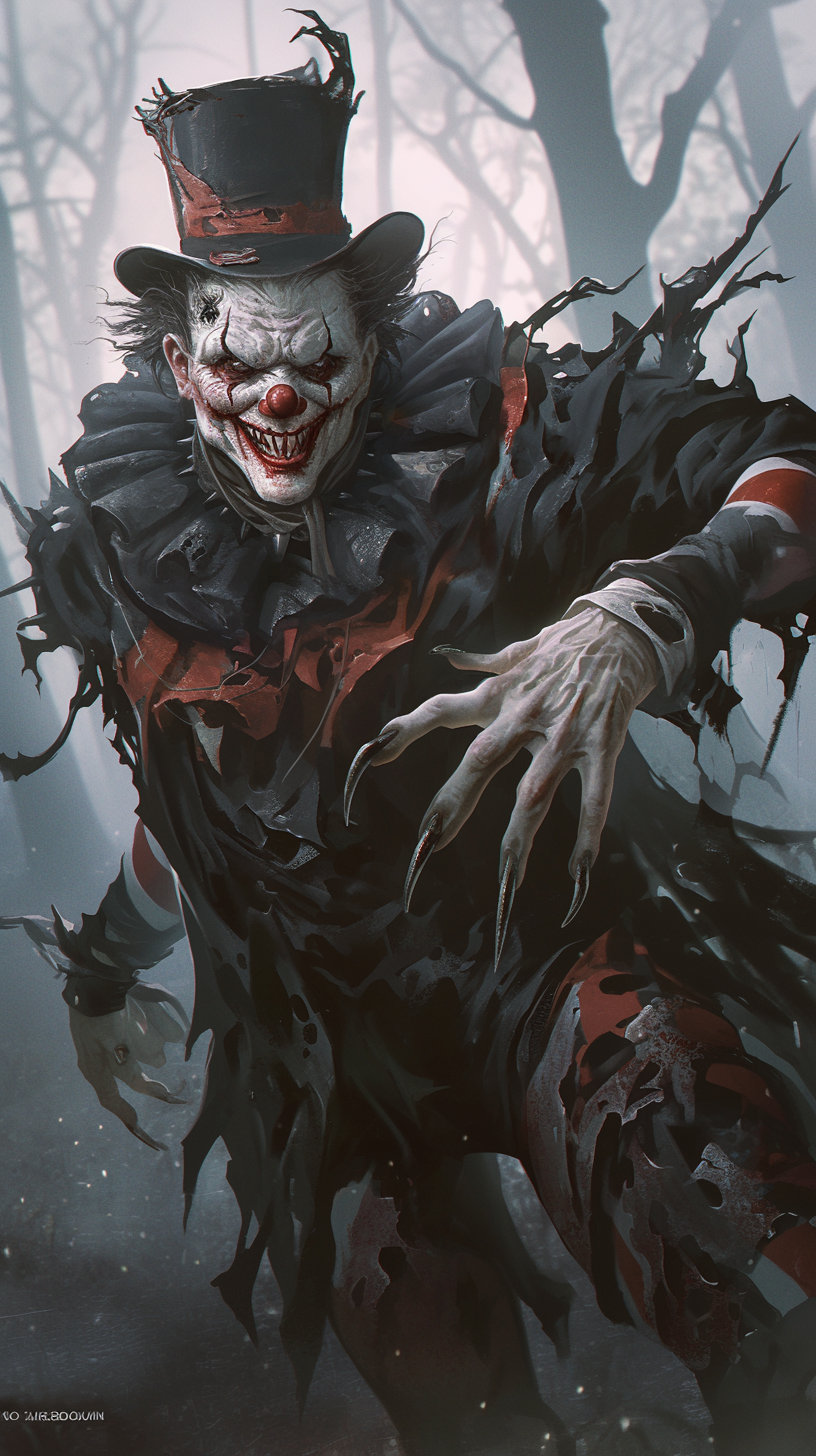 Menacing Clown in Dark, Spooky Forest Illustration