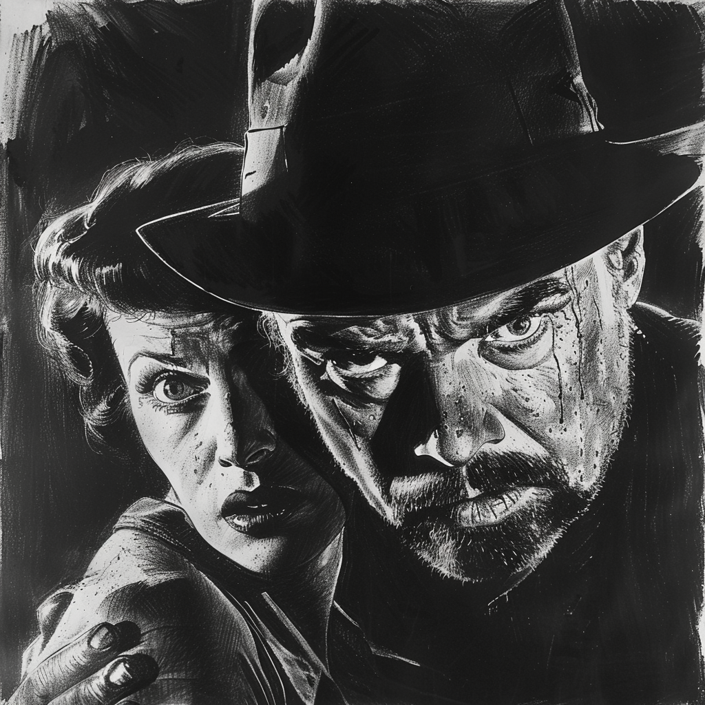 Menacing man in fedora, woman hanging dramatically, black-white.