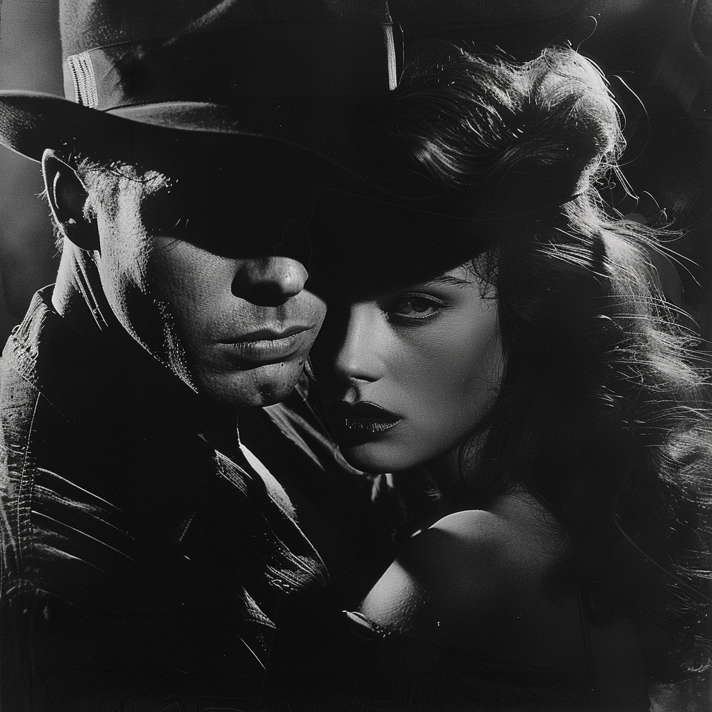 Menacing man in large fedora with woman dramatically.