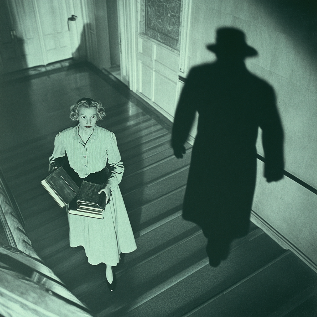 Menacing shadow approaches as woman descends with heavy books.