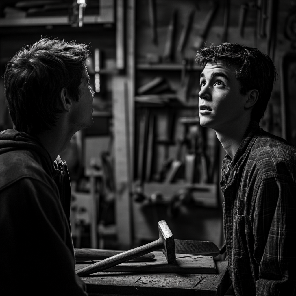 Mentor passing hammer to young man in workshop.