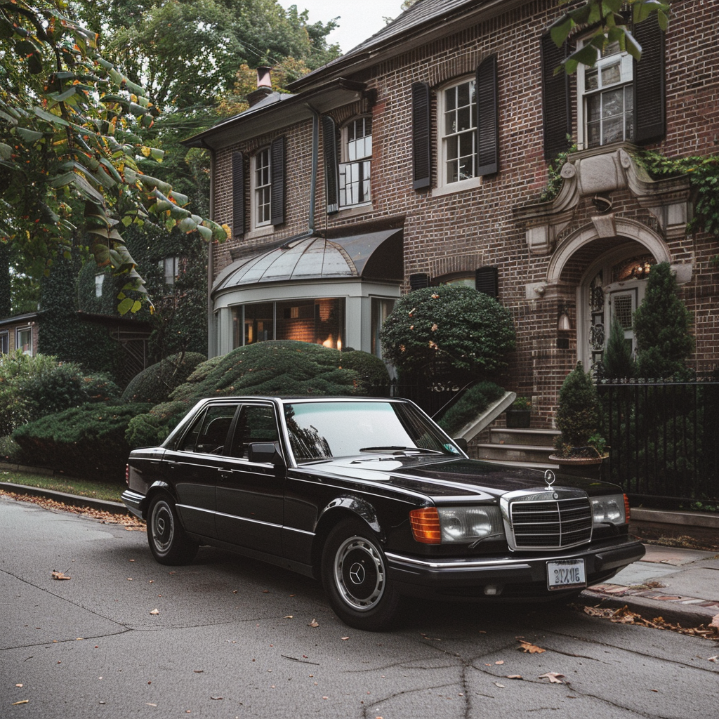 Mercedes E200 in front of mansion, Nikon DX lens.