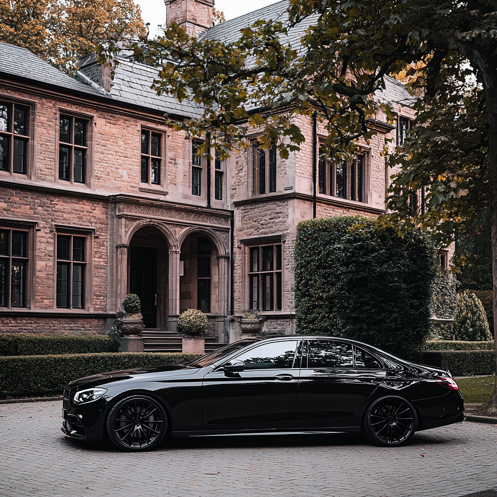 Mercedes E200 in front of mansion, Nikon lens, daylight.