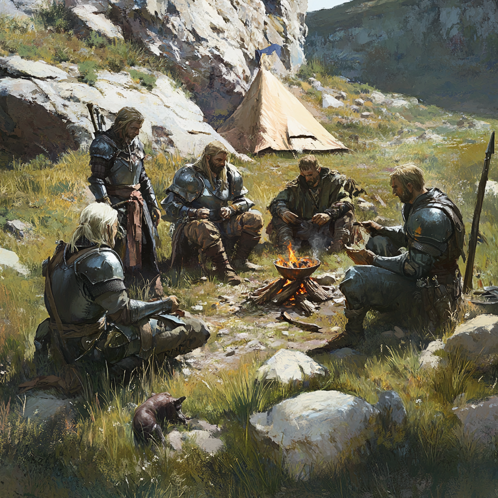 Mercenaries in plate armor at camp with campfire and tents.