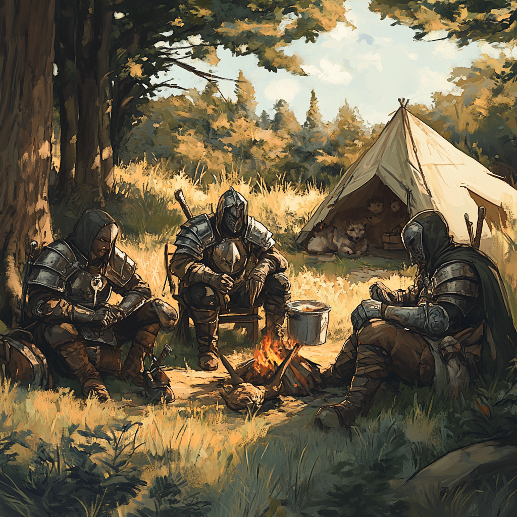 Mercenaries in platemail armor at campfire, plotting ambush.