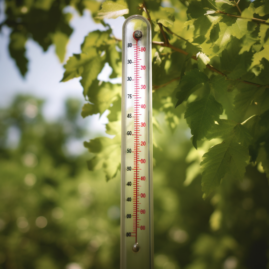 Mercury thermometer showing warm temperature under lush tree