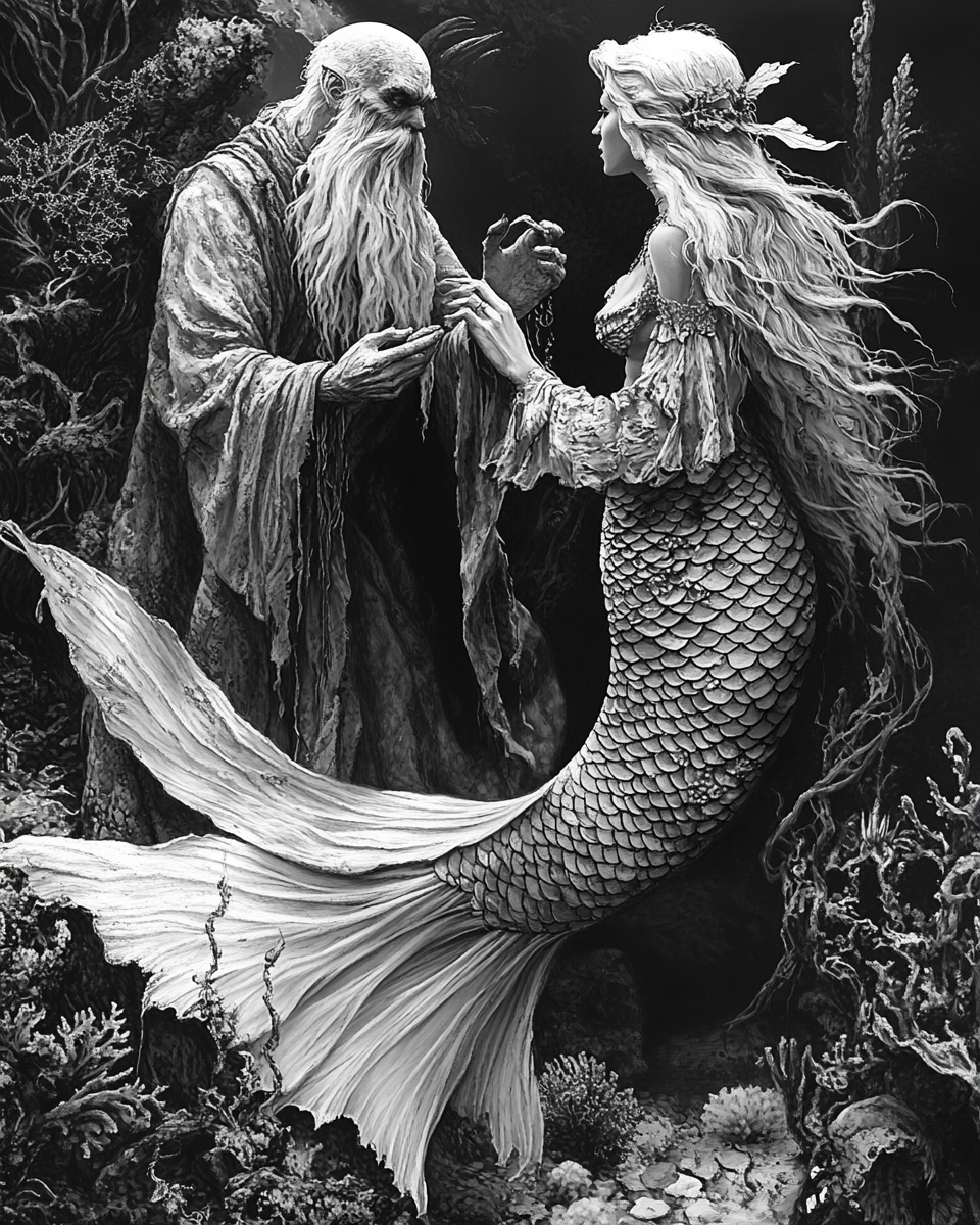 Mermaid witch with Merman warlock casting spell underwater