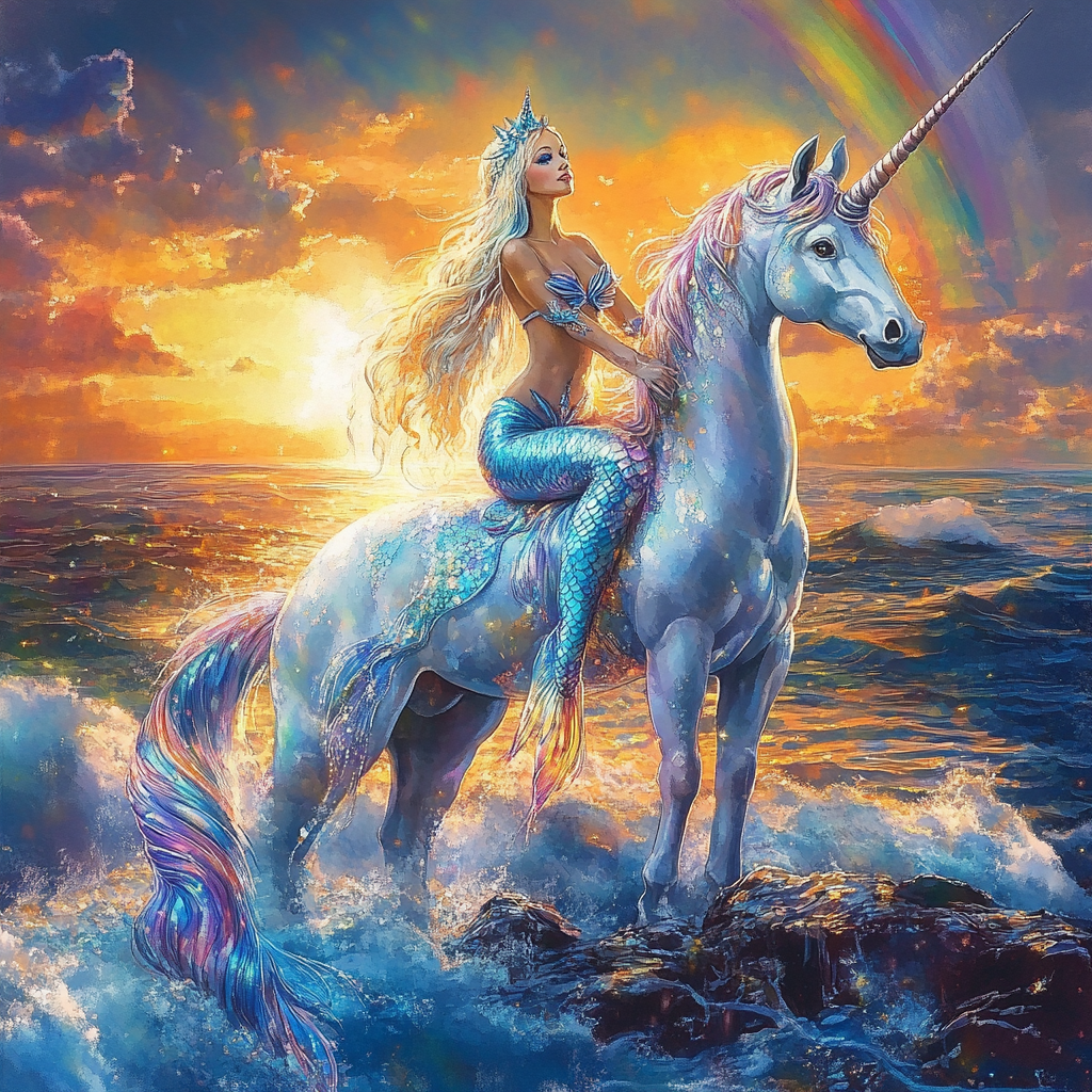 Mermaid with light skin sits on a special blue unicorn