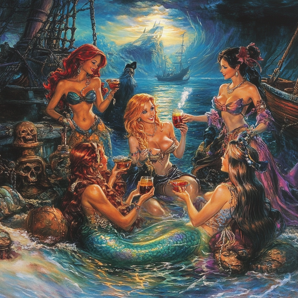 Mermaids give rum to pirates on ghost ship