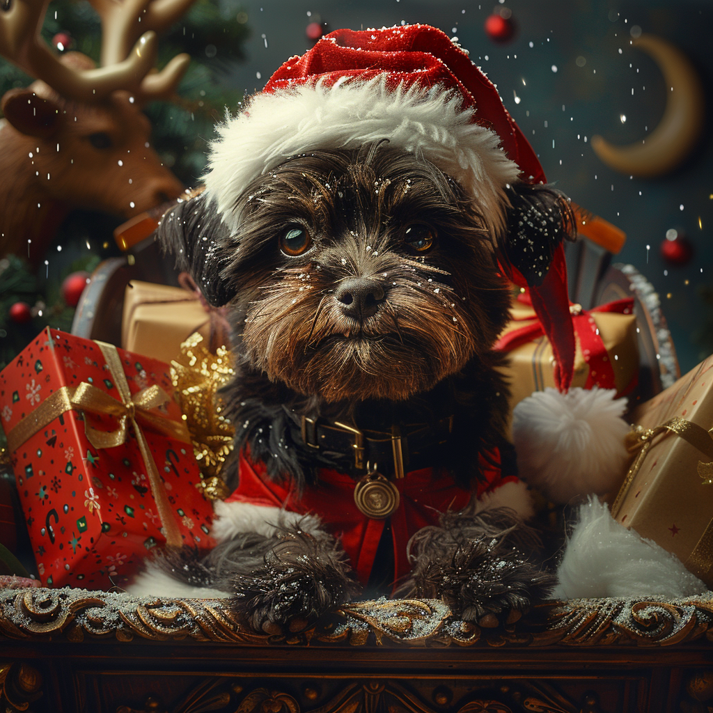 Merry dog in sleigh with gifts under moonlight.