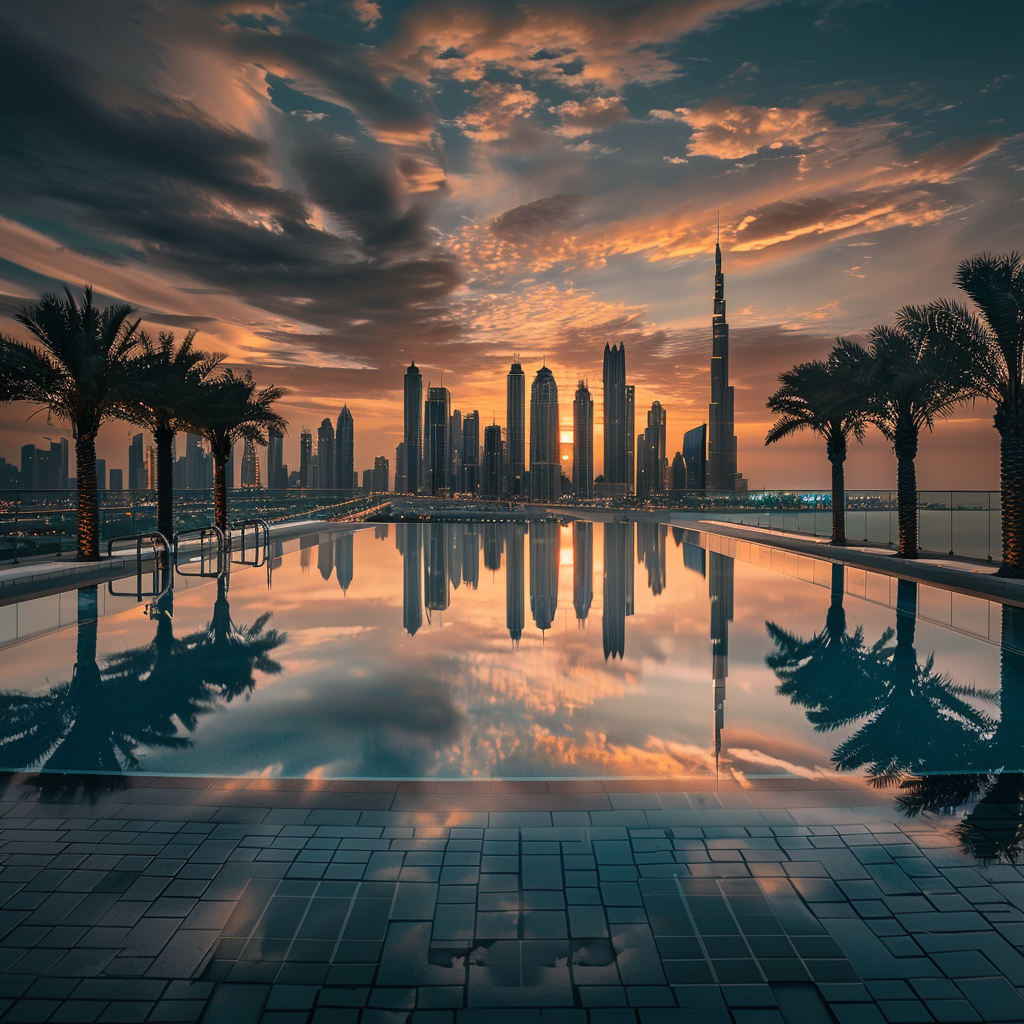 Mesmerizing Dubai skyline viewed from luxurious rooftop pool