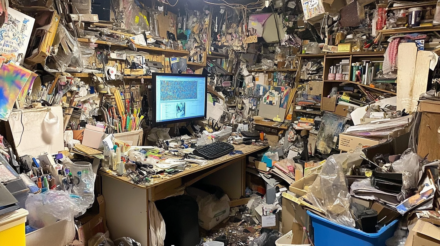 Messy Basement Art Studio with Clutter and Computer