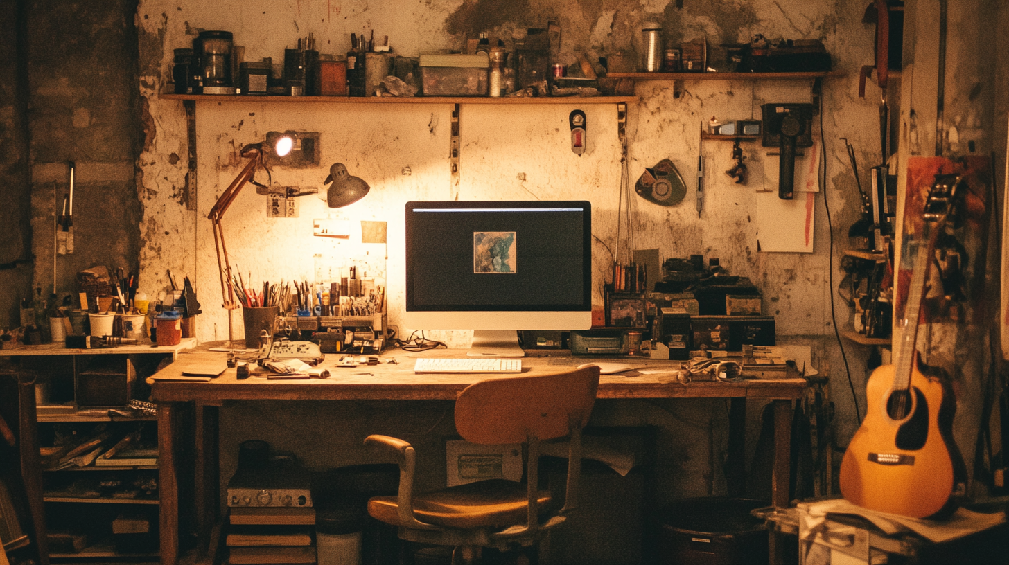 Messy Basement Art Studio with Computer Desk and Clutter