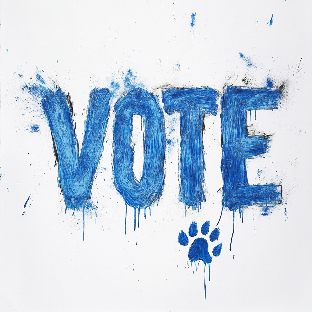 Messy blue VOTE with smudged paw print.