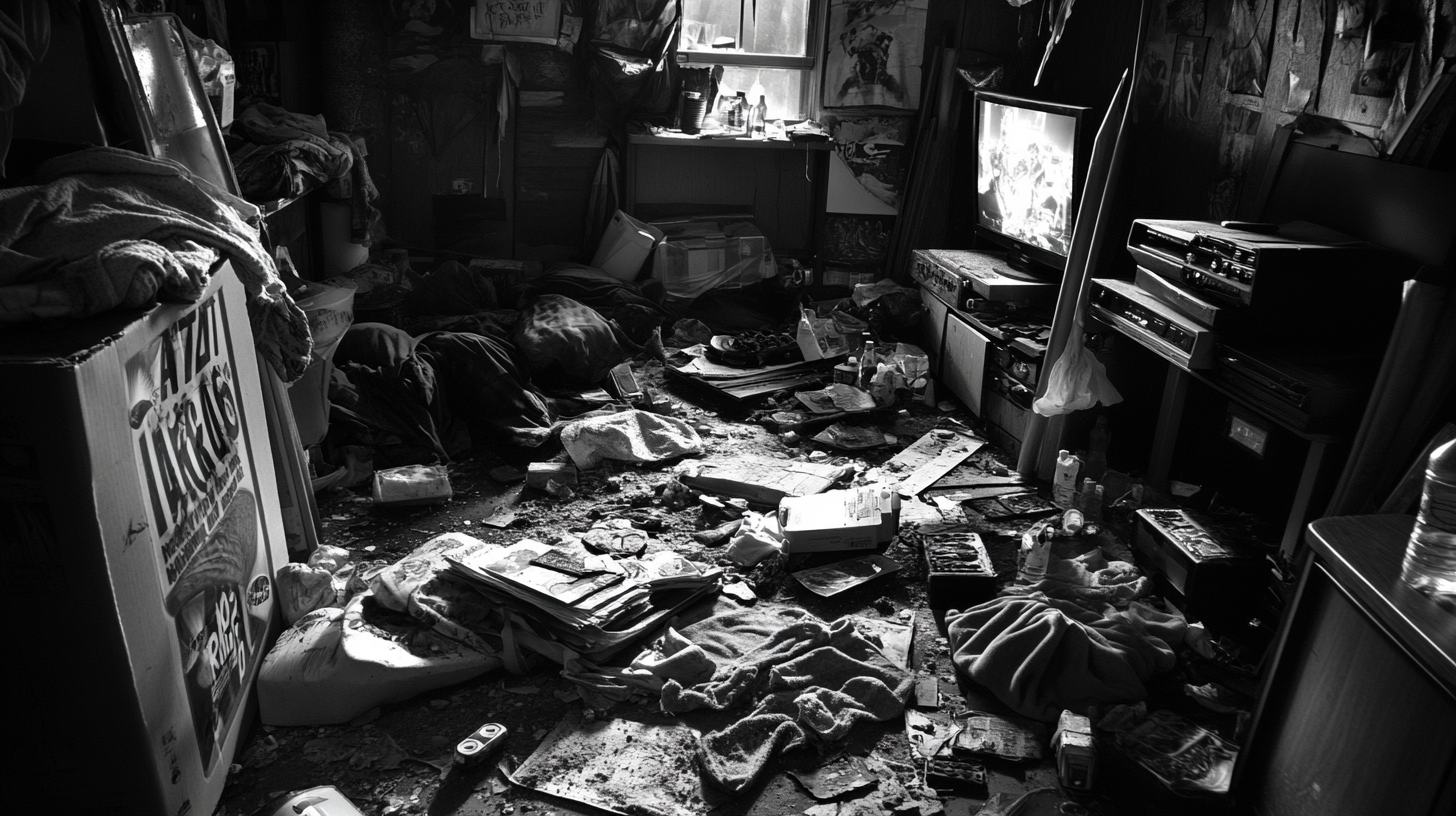 Messy room of gaming teenager with pizza boxes, bottles.