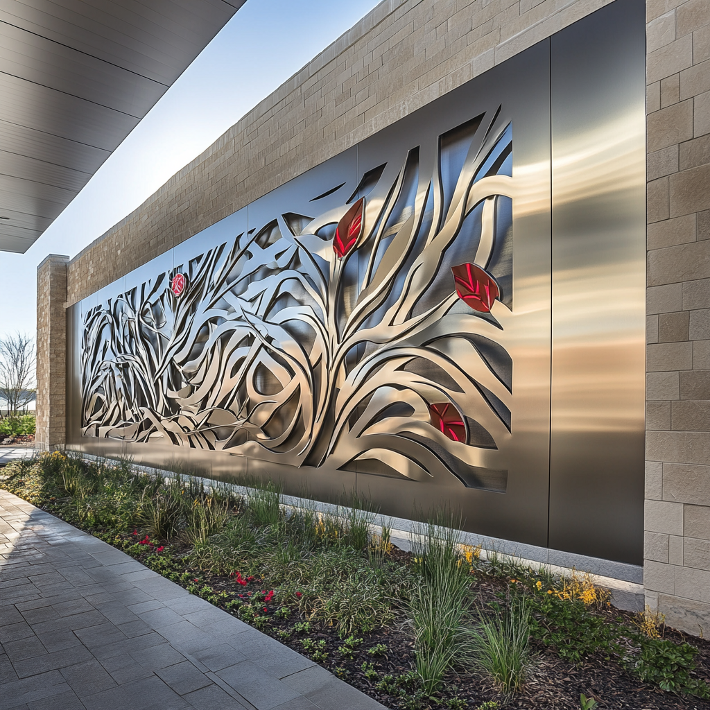 Metal art wall with logos and geometric structure.