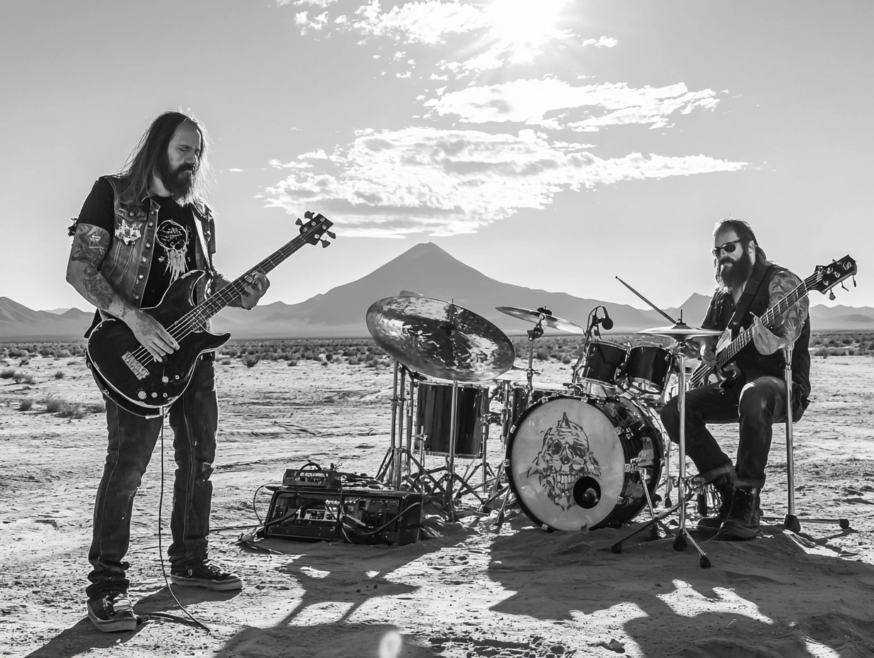 Metal band musicians in desert for black and white photo 