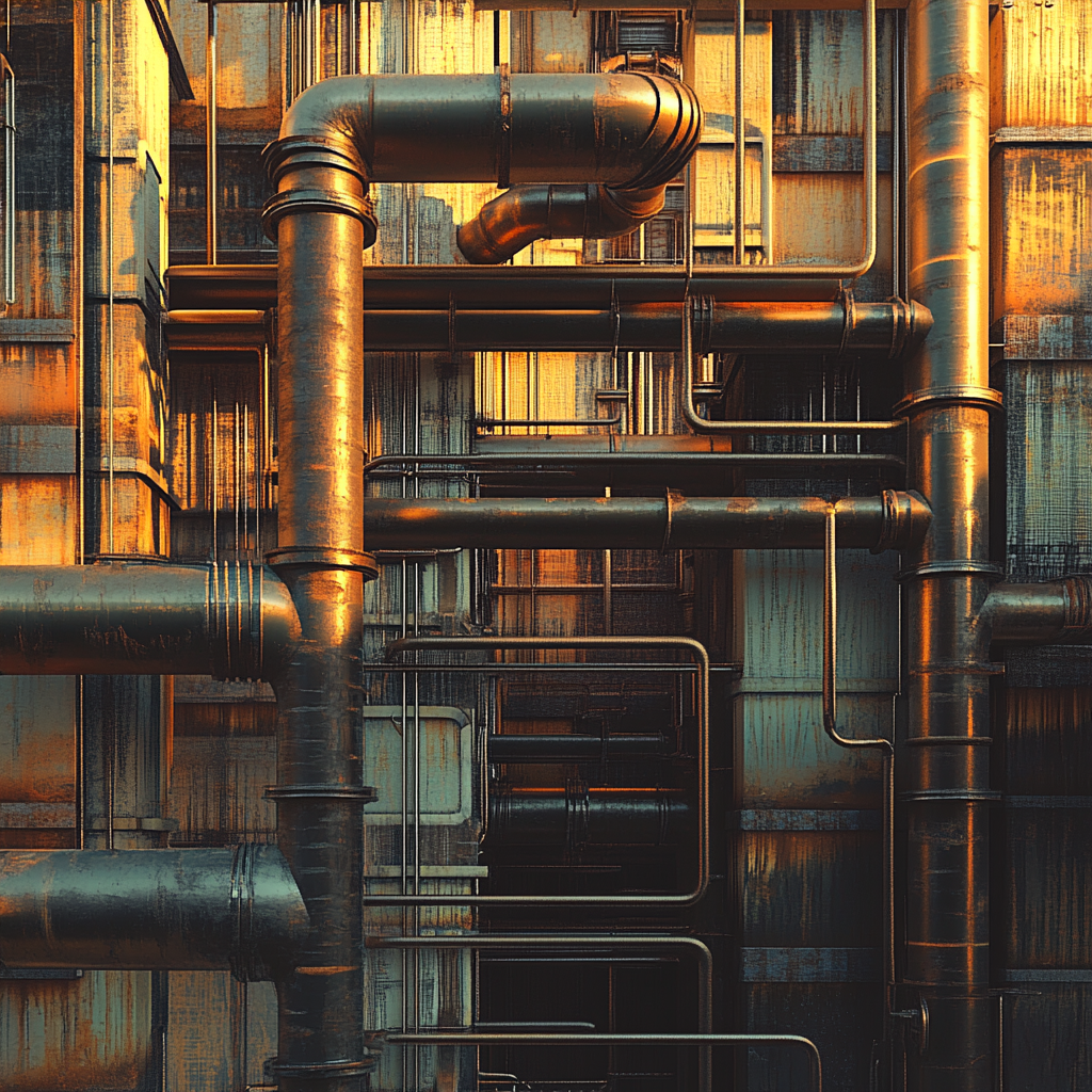 Metal pipes create urban structure, illuminated by golden light.