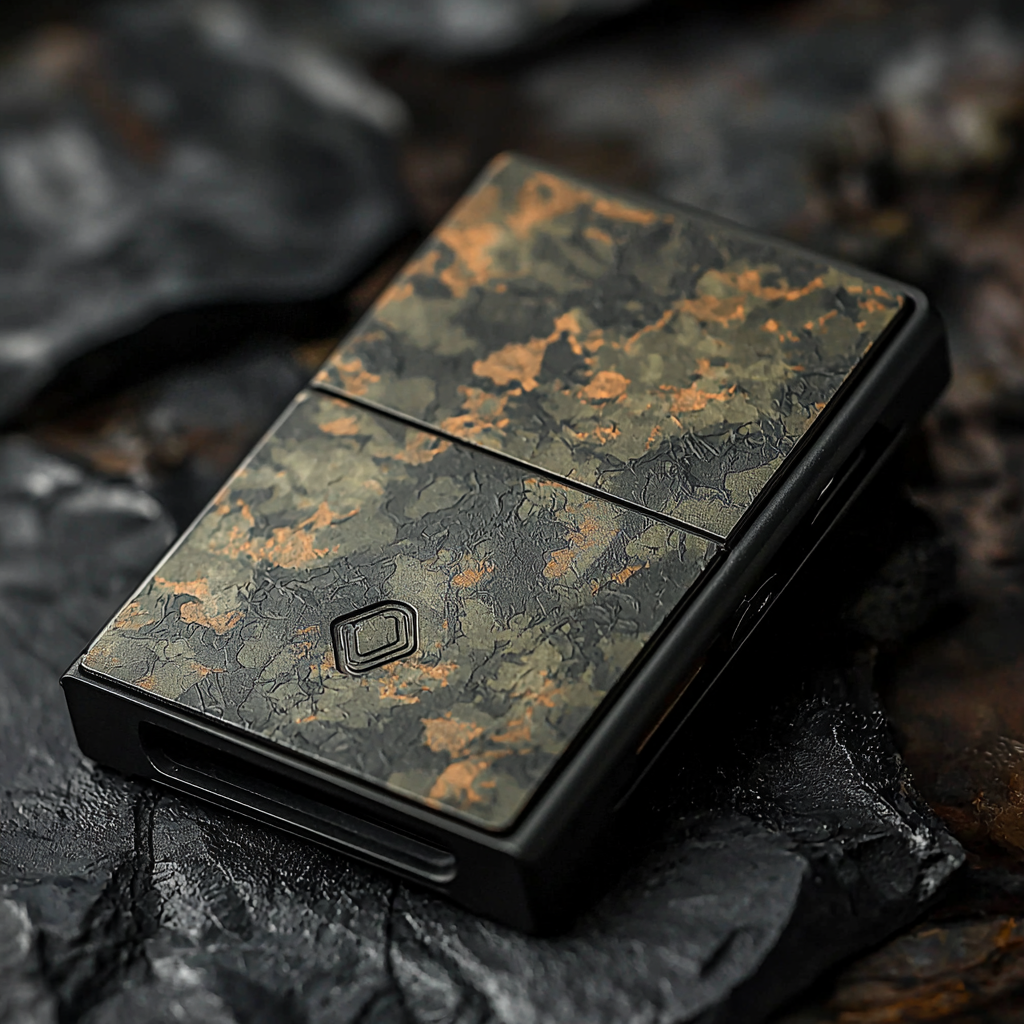 Metallic card holder with urban camo design, masculine and modern.