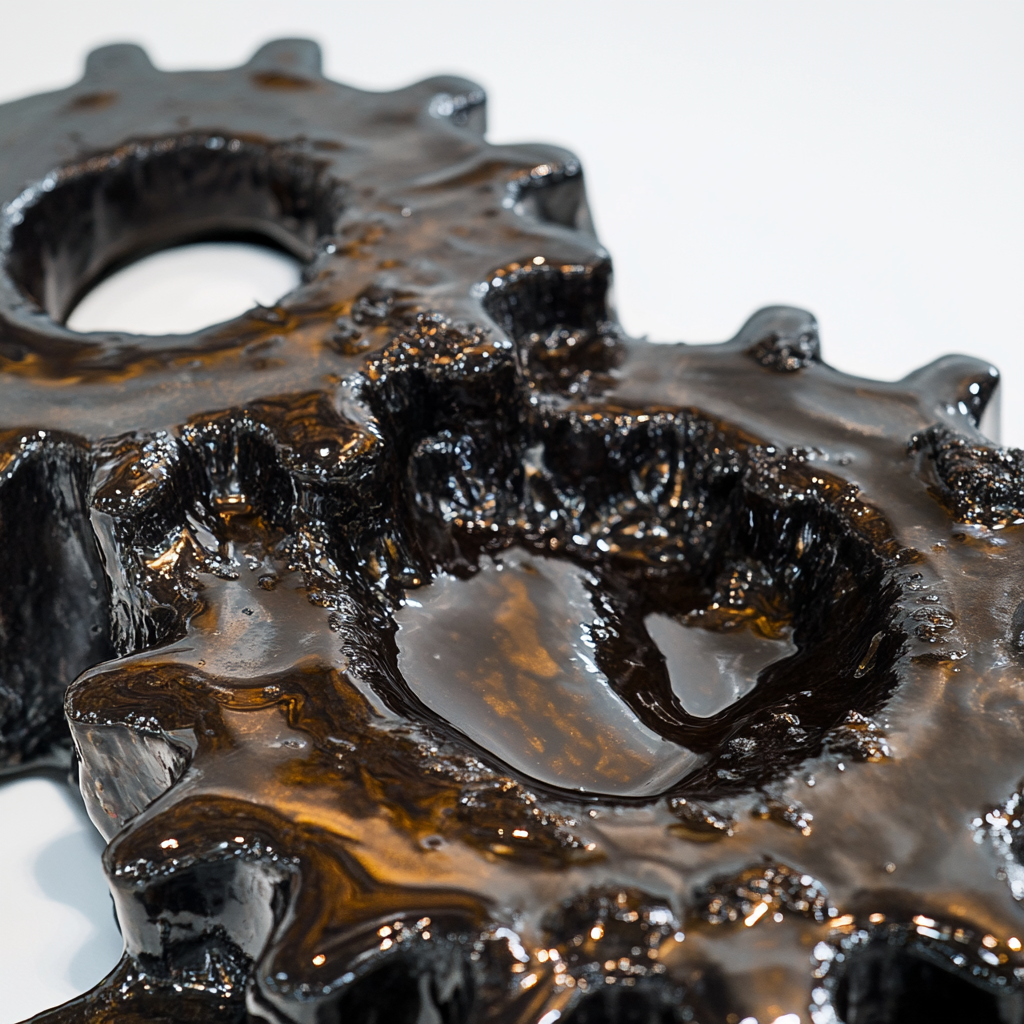 Metallic gears covered in glossy grease on white background.