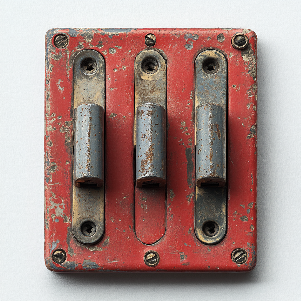 Metallic switch with red base, three metal prongs, viewed from above.