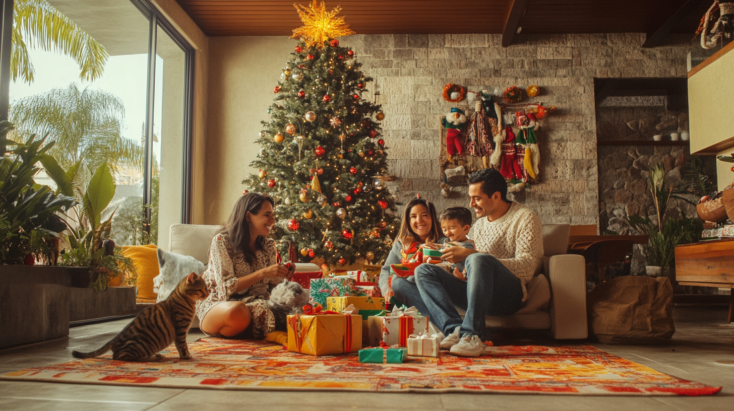 Mexican Christmas Celebration with Happy Family and Pets