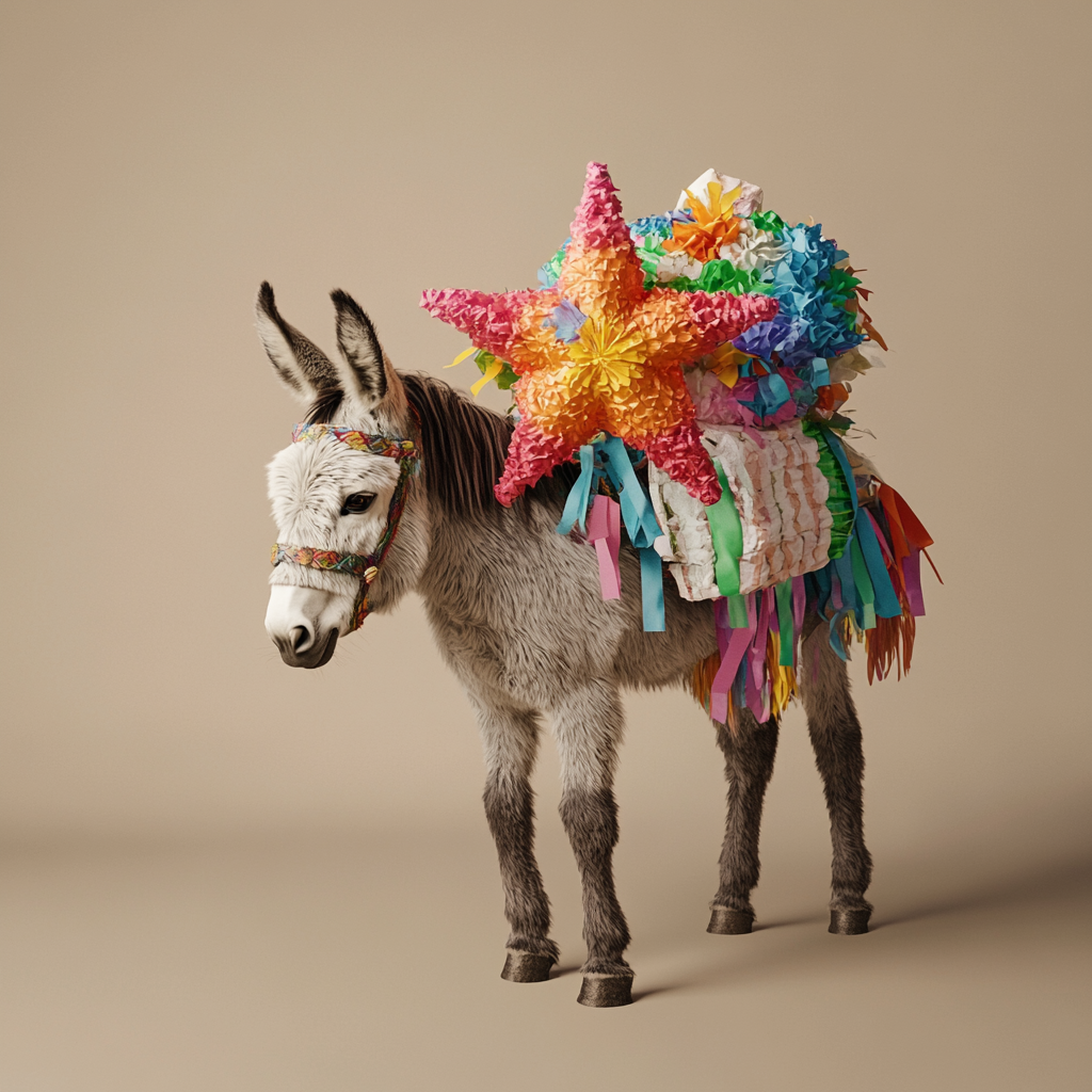 Mexican Donkey Carries Colorful Piñata on Back