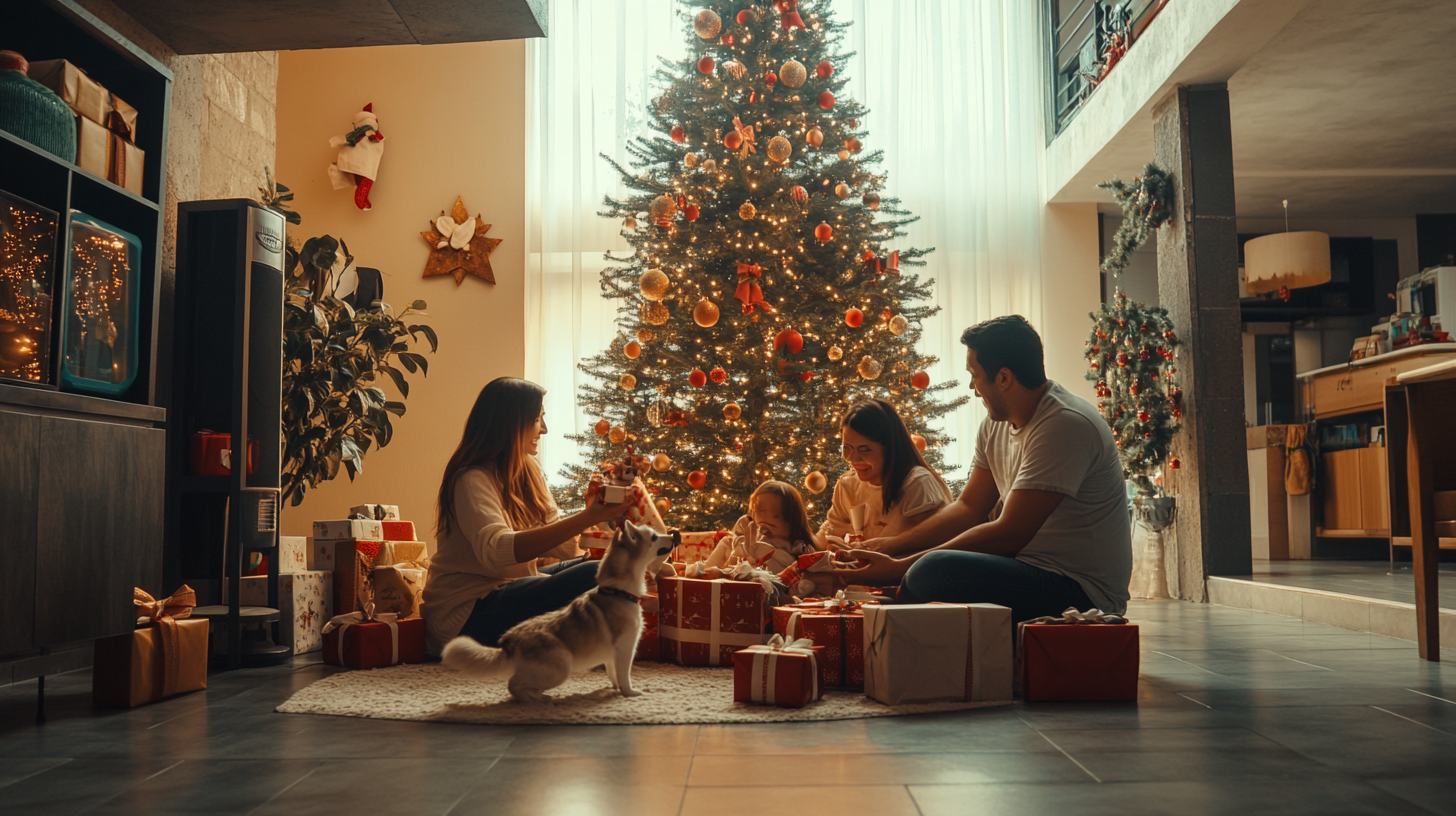 Mexican Family Celebrates Christmas with Pets: Full Scene