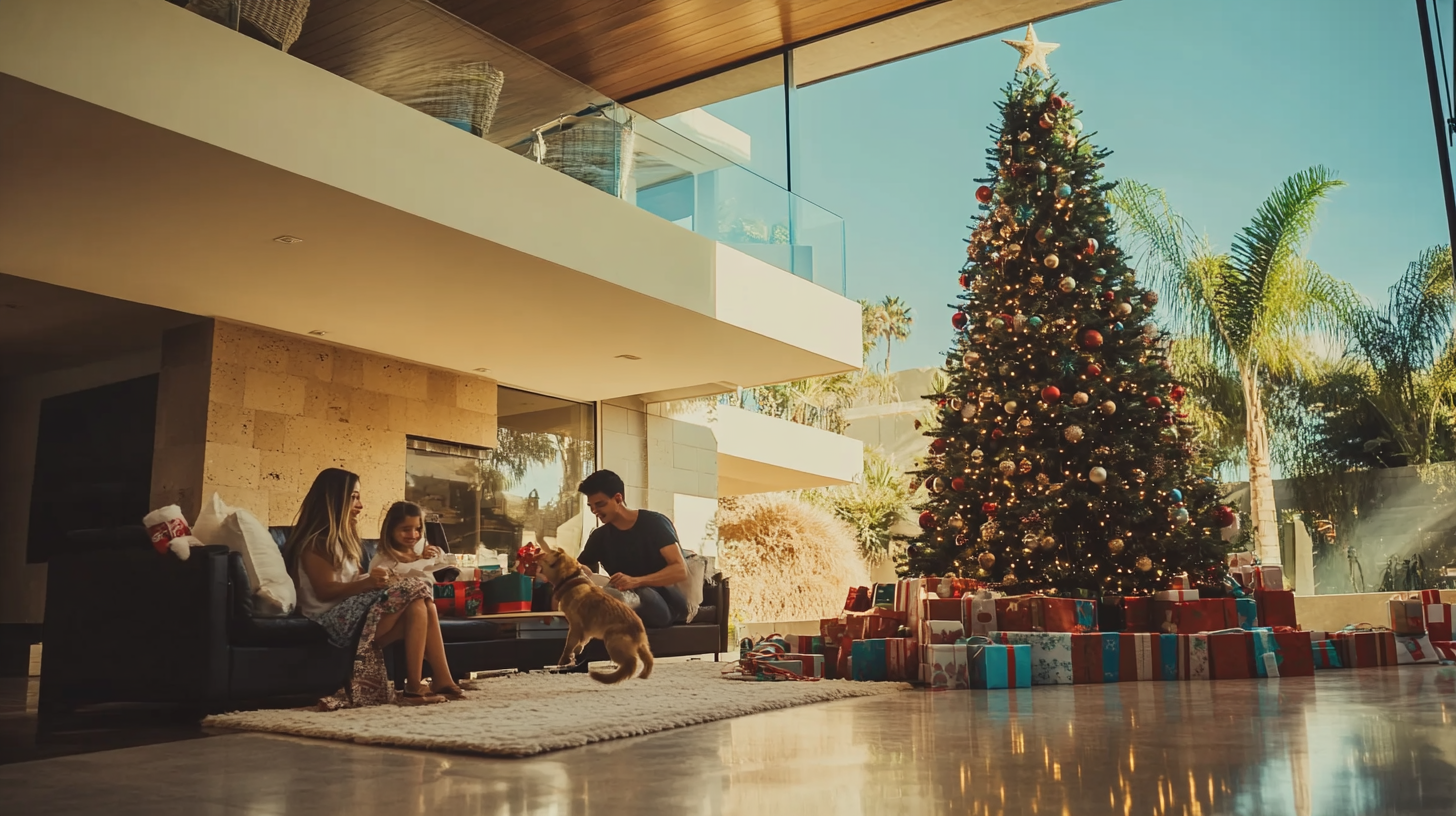 Mexican Family Christmas Celebration with Gifts and Pets