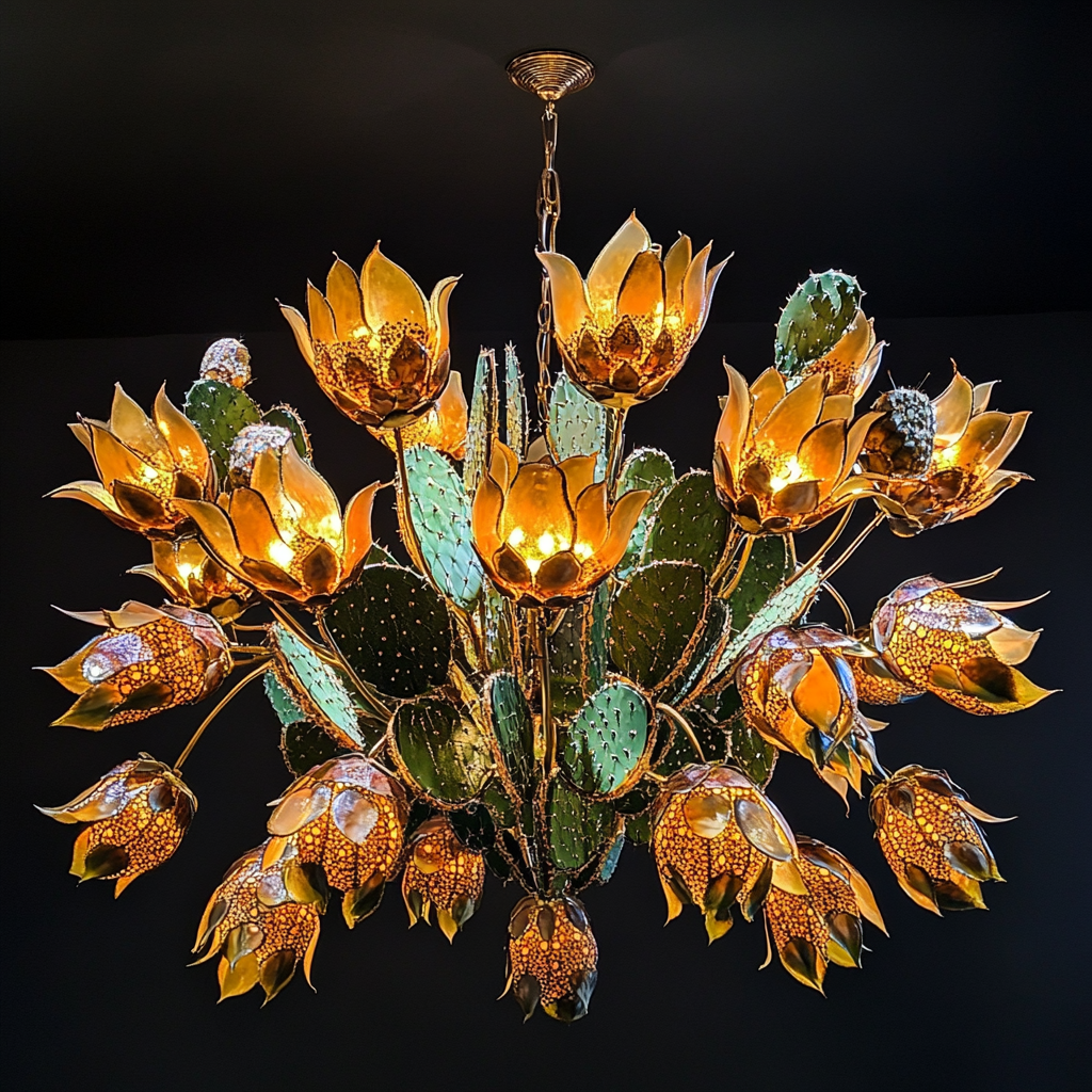 Mexican Nopal chandelier with abstract cactus flowers design.