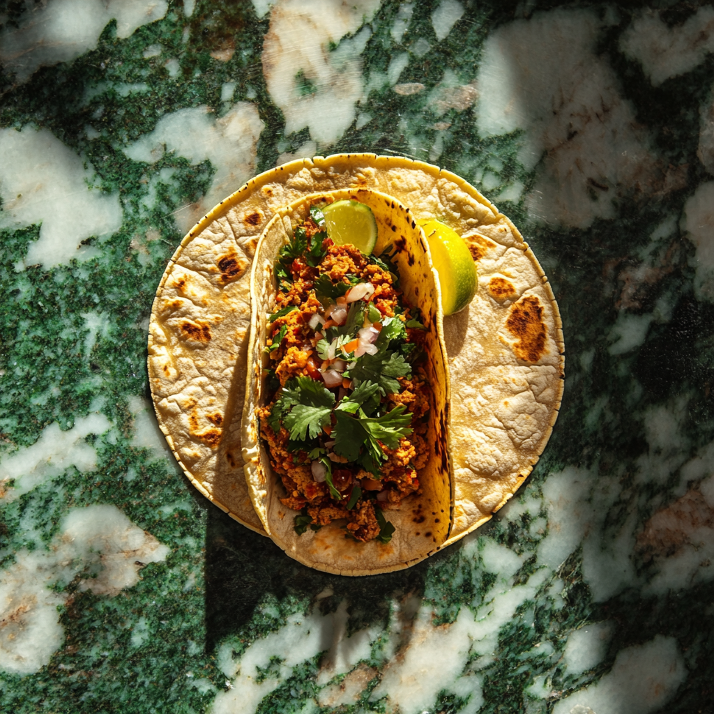 Mexican Street Taco Product Photo Shoot on Marble Table