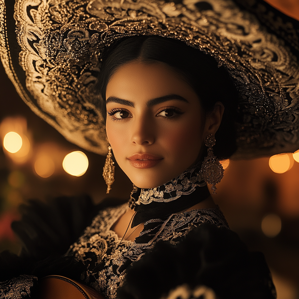 Mexican Woman Mariachi Celebrating Independence in Night Lighting