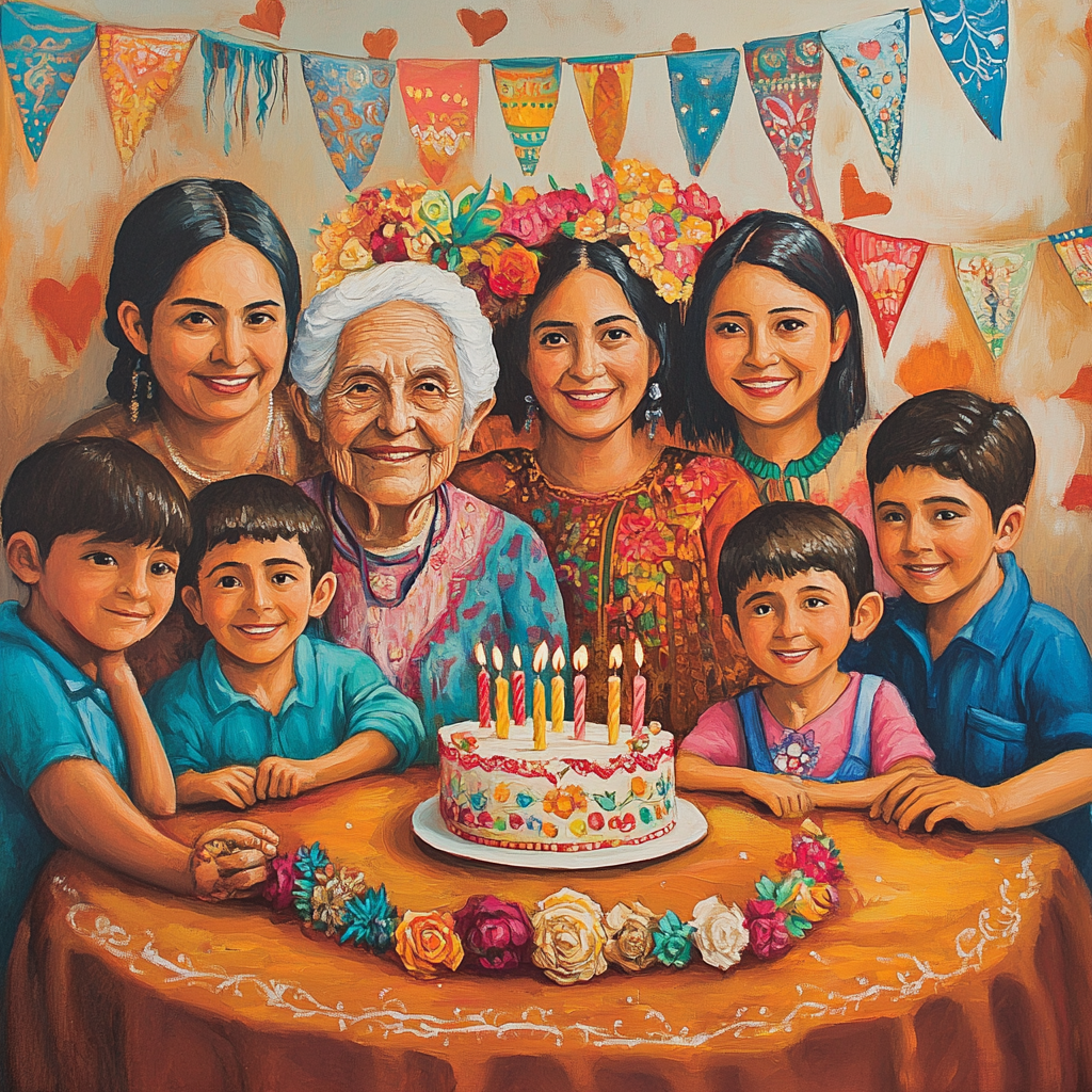 Mexican family celebrates birthday party with festive decor.