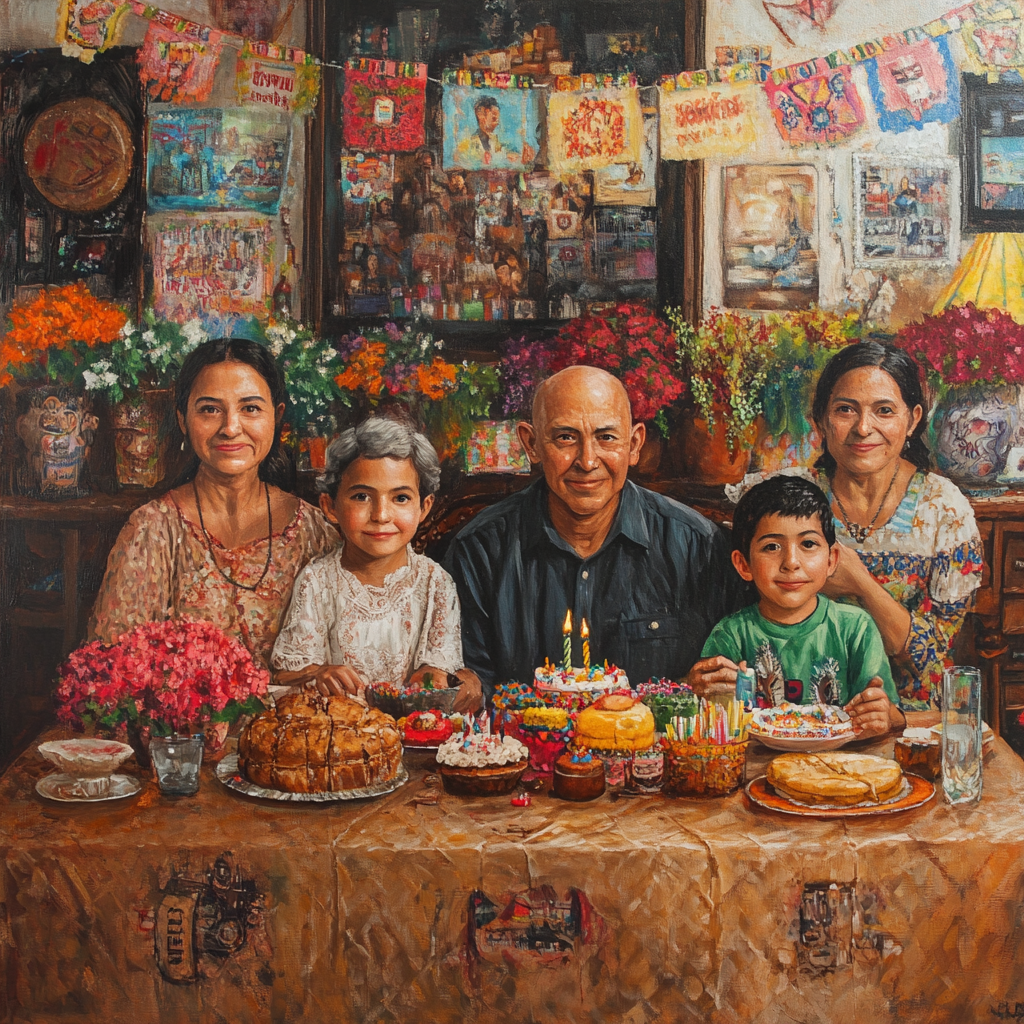 Mexican family celebrating birthday with festive decorations.