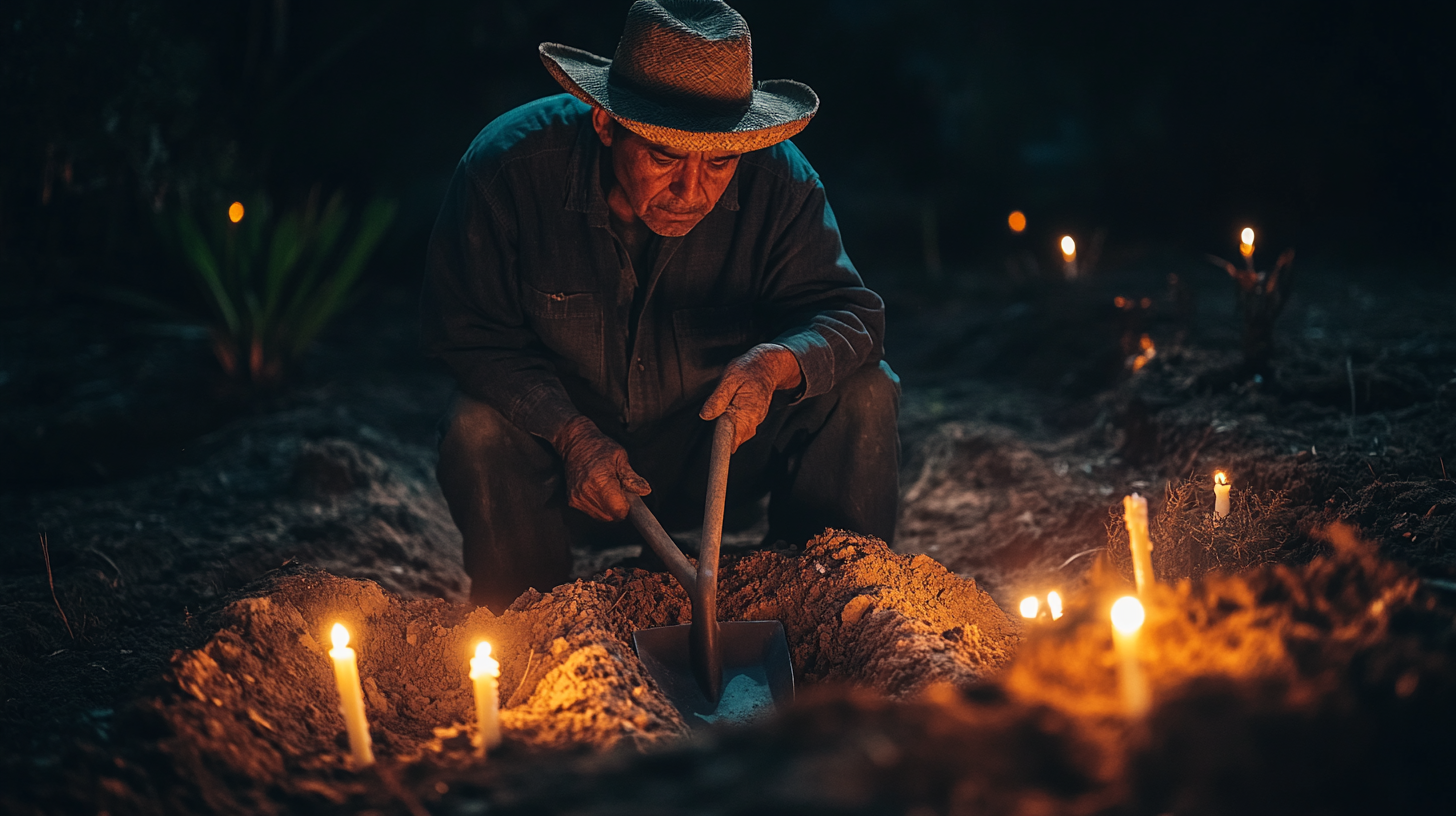 Mexican gravedigger gazes at open grave, candles glow.