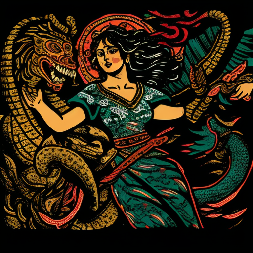 Mexican heroines in magical armor fighting serpent at night.