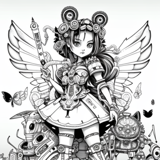 Mexican magical girl with robots on assembly line coloring.