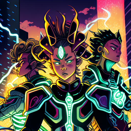 Mexican magical warriors summon glowing symbols in futuristic cityscape.