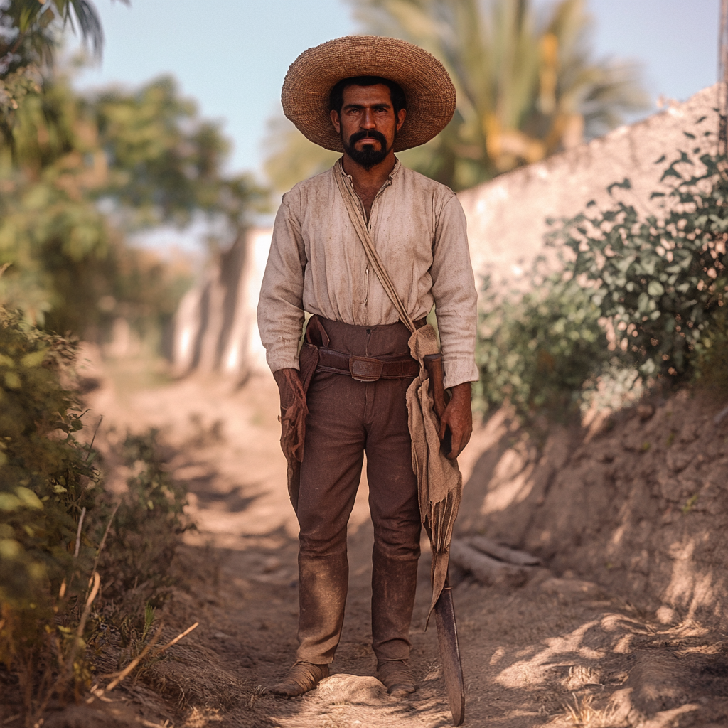 Mexican man in traditional outfit holding machete, rustic setting.