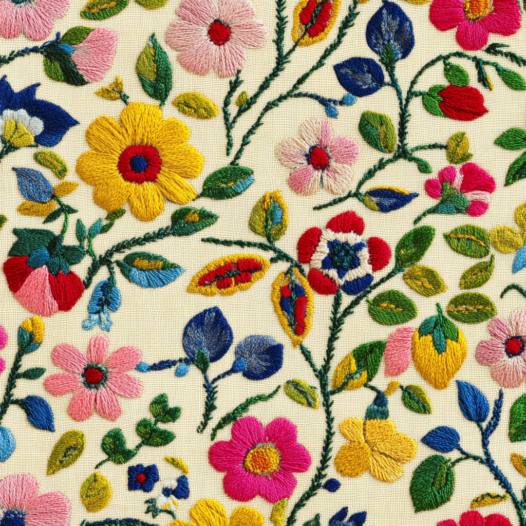 Mexican-style flowers on pale yellow cotton fabric embroidery.