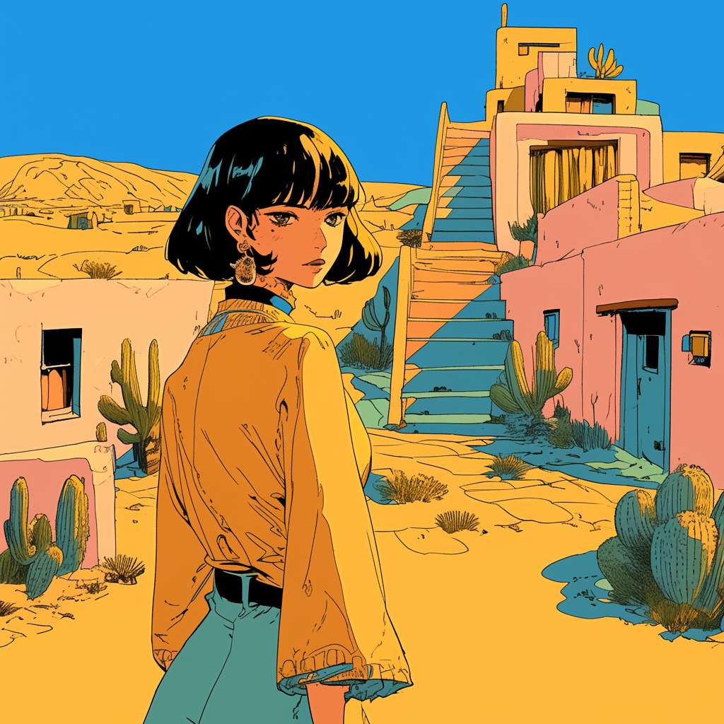 Mexican woman in bob haircut walks to desert, colorful.