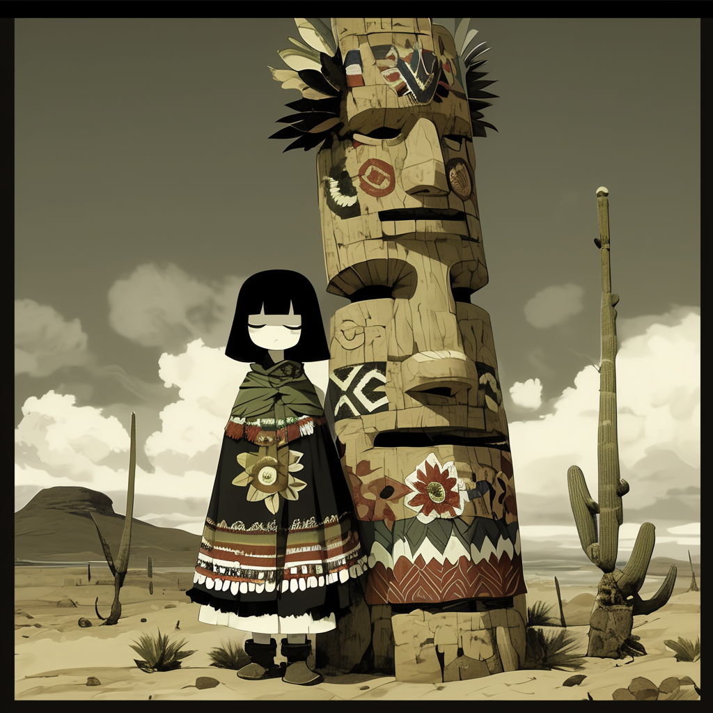 Mexican woman in poncho by tiki statue in desert.